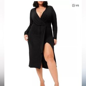 Good American Black Wrap Sheath Dress with Plunge Neckline